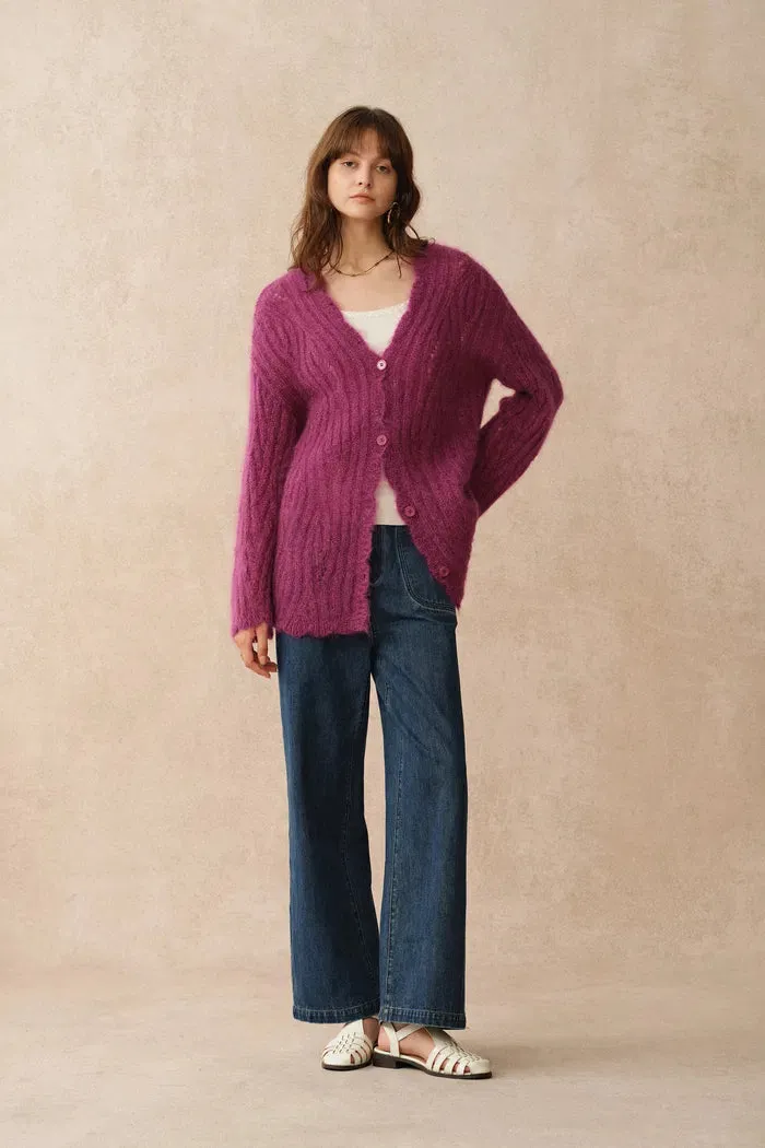 Aki Scalloped Neckline Sheer Cardigan in Lightweight Cable Mohair Knit sold by Fabrique