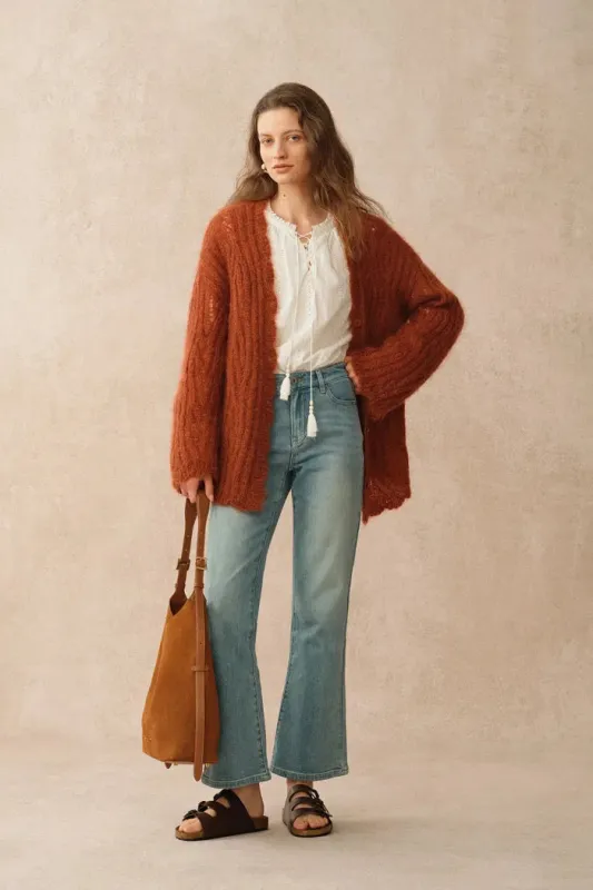 Aki Scalloped Neckline Sheer Cardigan in Lightweight Cable Mohair Knit sold by Fabrique