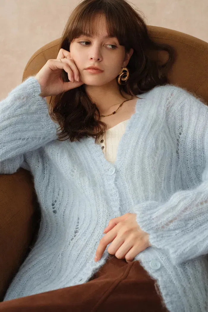 Aki Scalloped Neckline Sheer Cardigan in Lightweight Cable Mohair Knit sold by Fabrique product image thumbnail 2