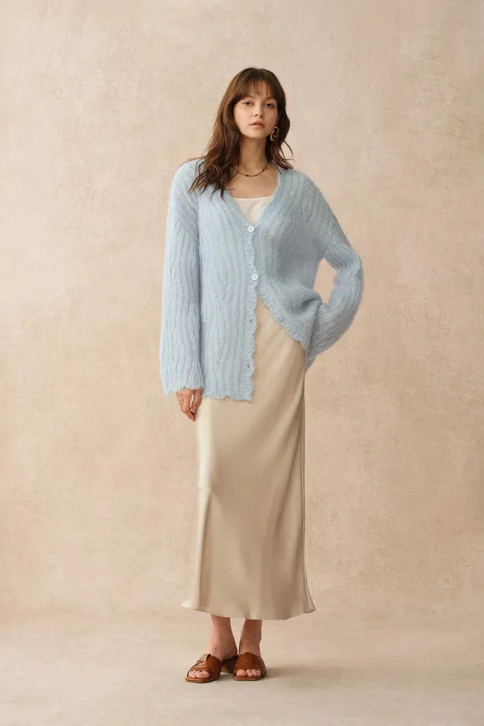 Aki Scalloped Neckline Sheer Cardigan in Lightweight Cable Mohair Knit sold by Fabrique product image thumbnail 3