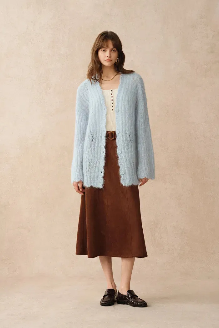 Aki Scalloped Neckline Sheer Cardigan in Lightweight Cable Mohair Knit sold by Fabrique product image thumbnail 4