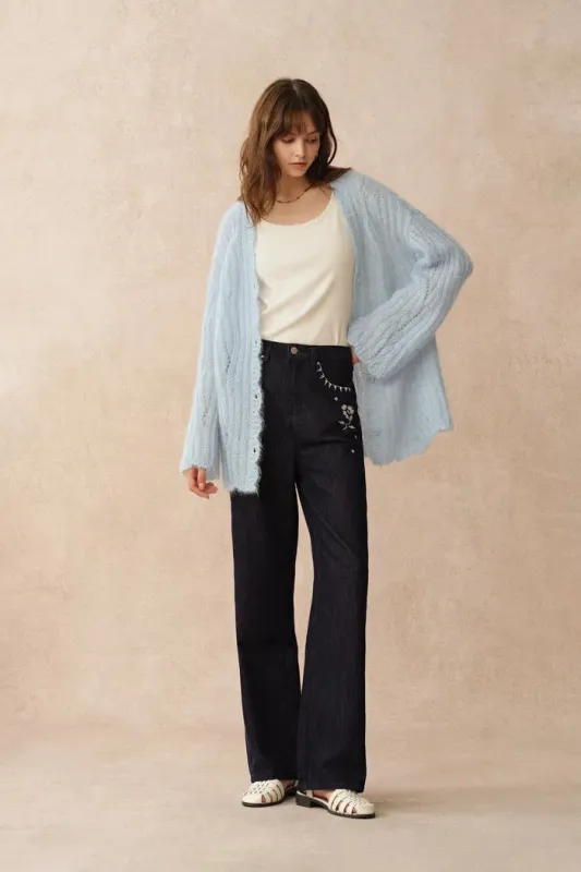 Aki Scalloped Neckline Sheer Cardigan in Lightweight Cable Mohair Knit sold by Fabrique