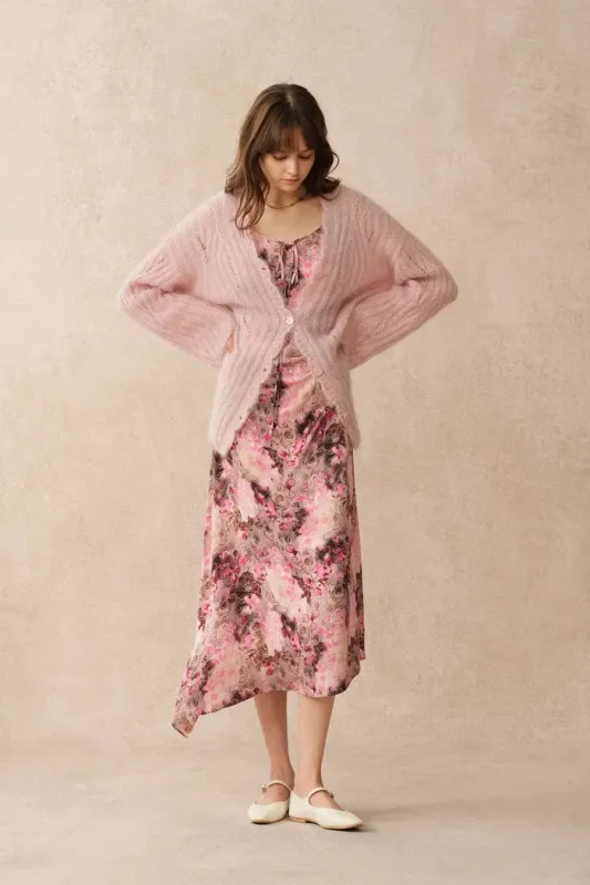 Aki Scalloped Neckline Sheer Cardigan in Lightweight Cable Mohair Knit sold by Fabrique