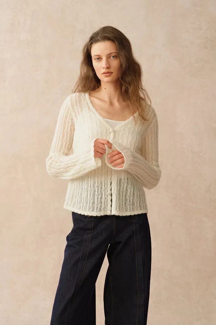 Serenity V Neck Sheer Cardigan in Lightweight Cable Knit sold by Fabrique product image thumbnail 2