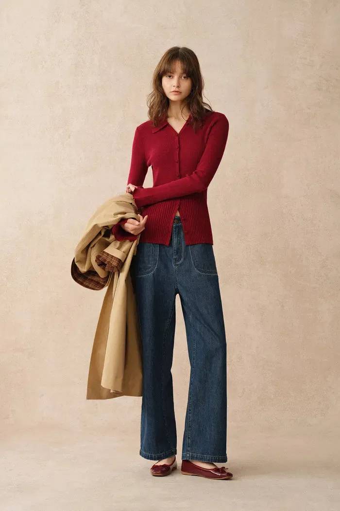 Katia Red Beige Wavy Cuff Fitted Collared Cardigan in Stretchy Merino Wool Cable Knit sold by Fabrique product image thumbnail 3