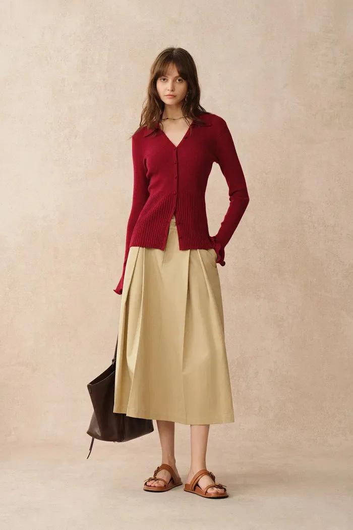 Katia Red Beige Wavy Cuff Fitted Collared Cardigan in Stretchy Merino Wool Cable Knit sold by Fabrique product image thumbnail 4