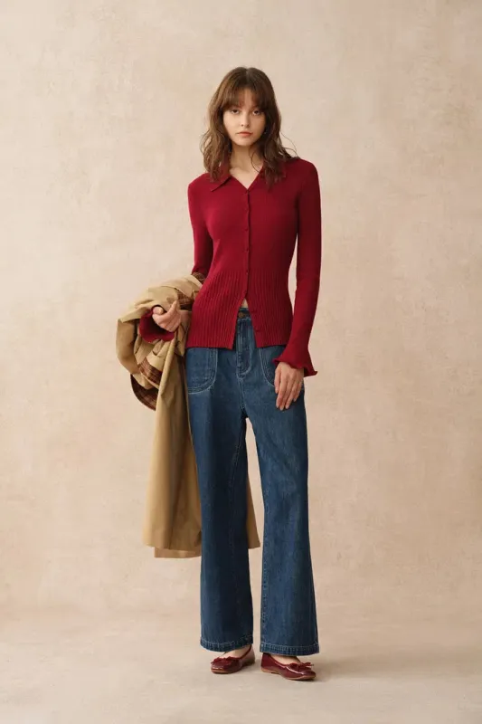 Katia Red Beige Wavy Cuff Fitted Collared Cardigan in Stretchy Merino Wool Cable Knit sold by Fabrique