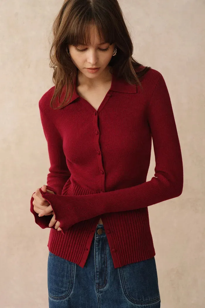 Katia Red Beige Wavy Cuff Fitted Collared Cardigan in Stretchy Merino Wool Cable Knit sold by Fabrique product image thumbnail 5