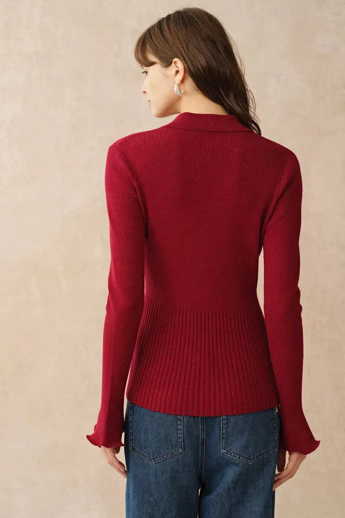 Katia Red Beige Wavy Cuff Fitted Collared Cardigan in Stretchy Merino Wool Cable Knit sold by Fabrique product image thumbnail 2