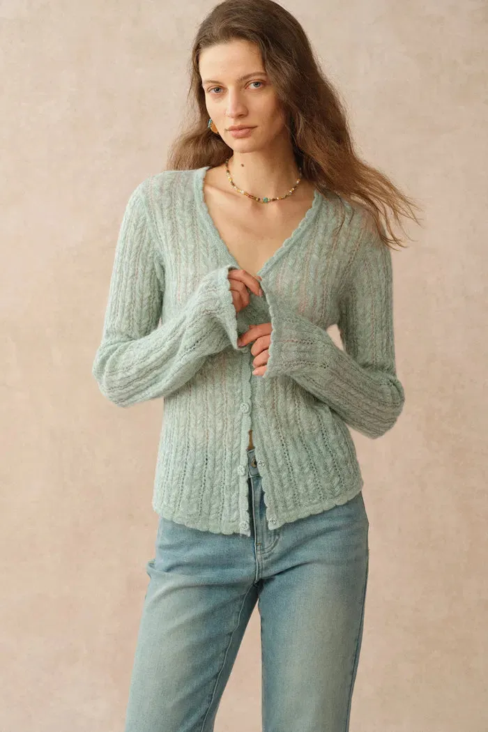 Serenity V Neck Sheer Cardigan in Lightweight Cable Knit sold by Fabrique product image thumbnail 5