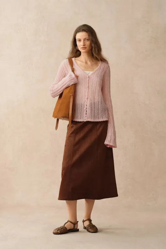 Serenity V Neck Sheer Cardigan in Lightweight Mohair Cable Knit sold by Fabrique