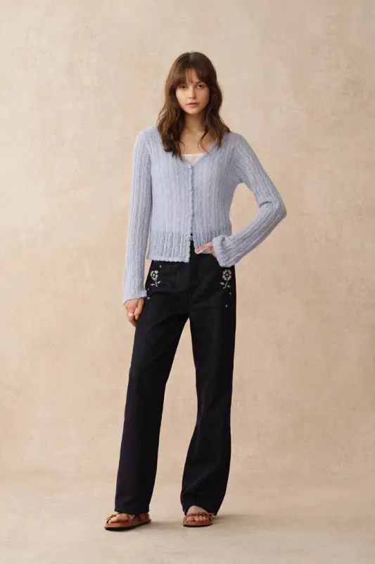 Serenity V Neck Sheer Cardigan in Lightweight Cable Knit sold by Fabrique