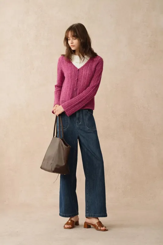 Serenity V Neck Sheer Cardigan in Lightweight Cable Knit sold by Fabrique