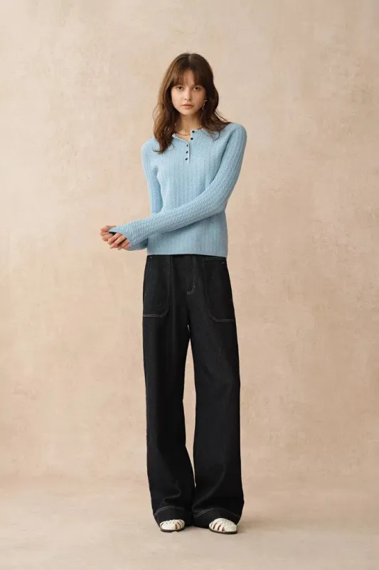 Mika Blue Henley Neck Long Sleeve Top in Merino Wool Cable Knit sold by Fabrique