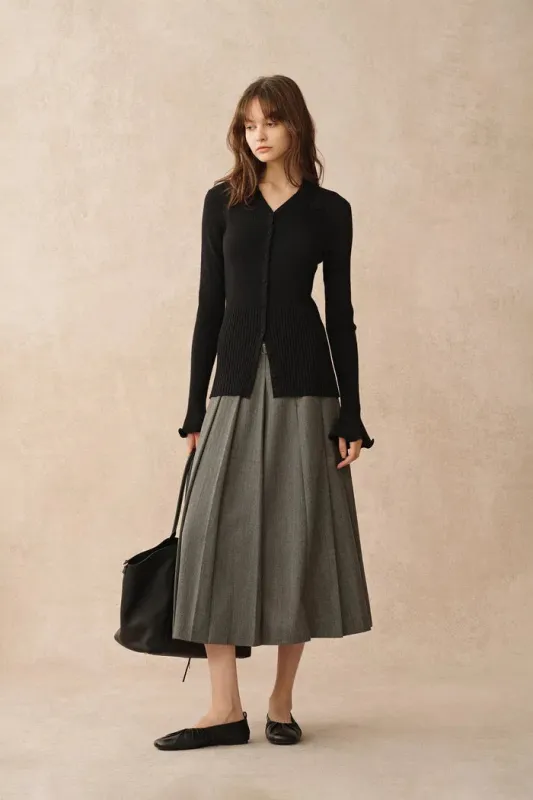 Katia Black Wavy Cuff Fitted Cardigan in Stretchy Merino Wool Cable Knit made by Fabrique