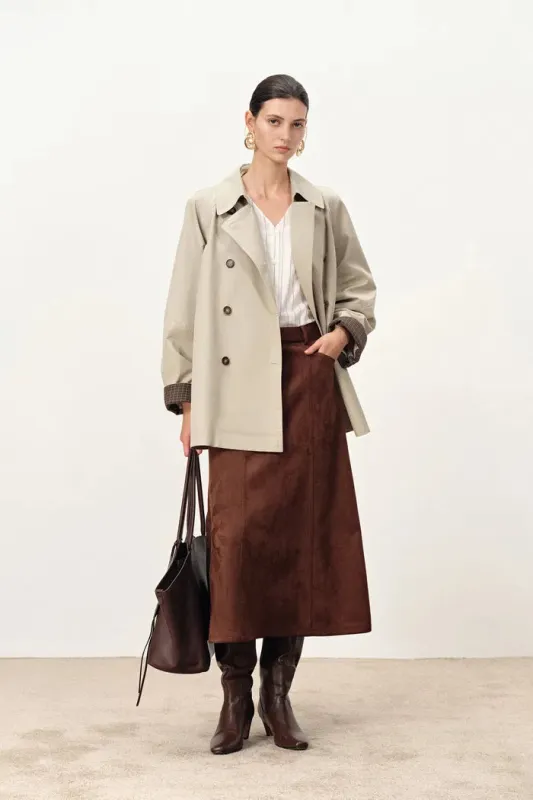 Catelo Double Breasted Leather Belted Short Trench Coat in Wrinkle Resistant Cotton sold by Fabrique