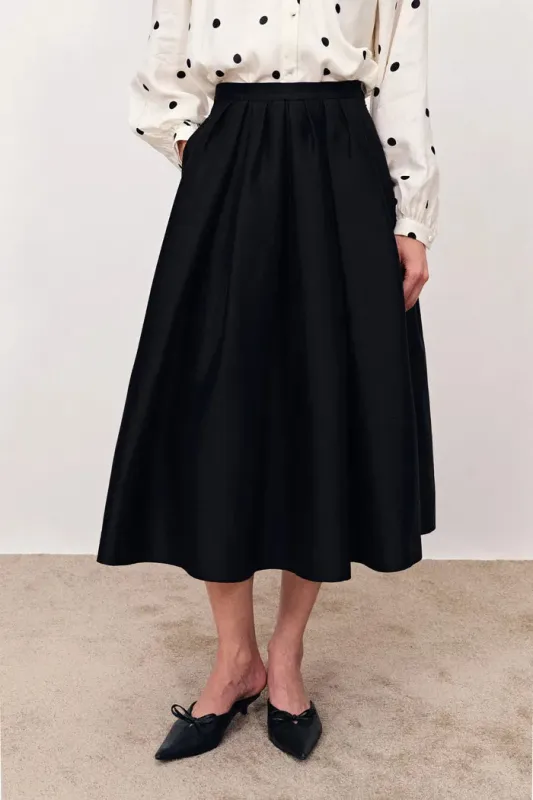Tia Mixed Width Pleats Midi Bubble Skirt in Fine Silk-Wool Satin sold by Fabrique