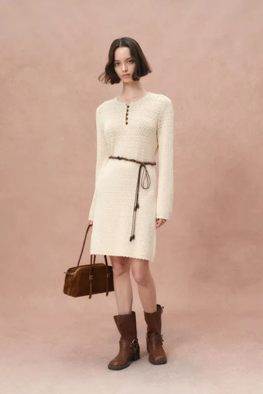 Mira Heavy Shell Hem Long Sleeve Short Dress in Pearl Fiber Blend made by Fabrique