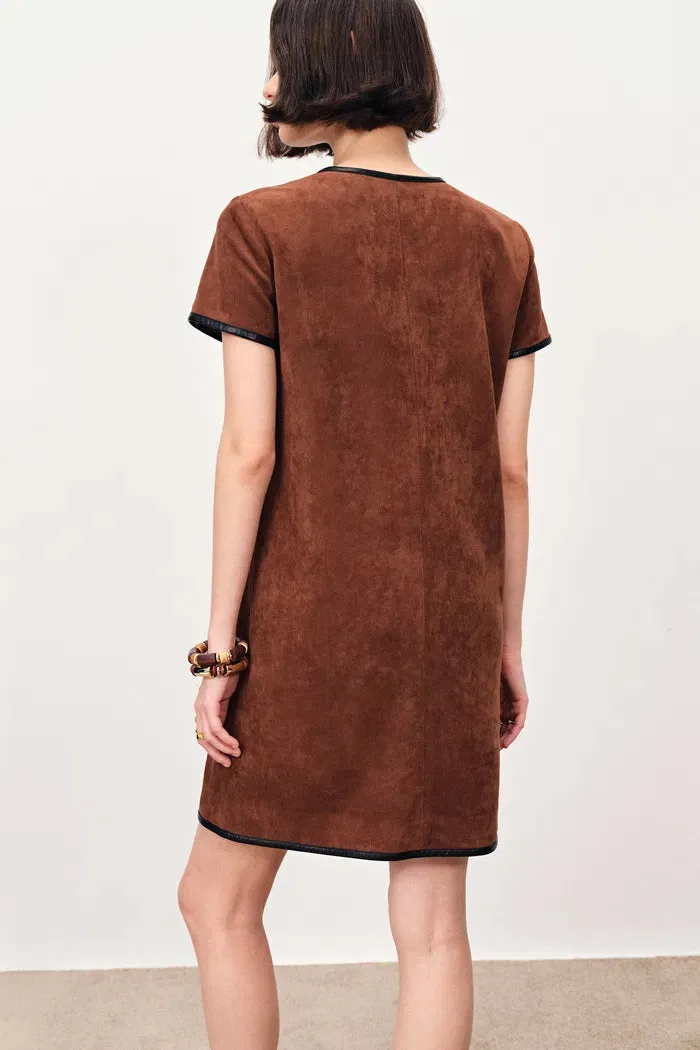 Nevaeh Hand Applied Contrast Leather Trim Short Dress in Ultrasuede sold by Fabrique product image thumbnail 5