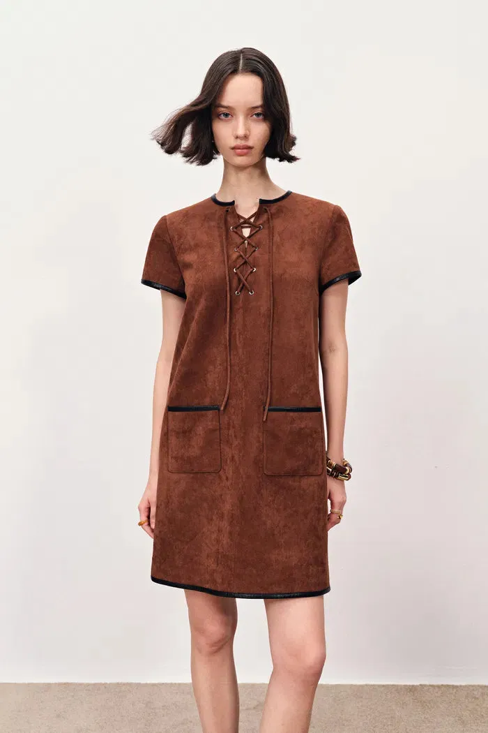 Nevaeh Hand Applied Contrast Leather Trim Short Dress in Ultrasuede sold by Fabrique product image thumbnail 2