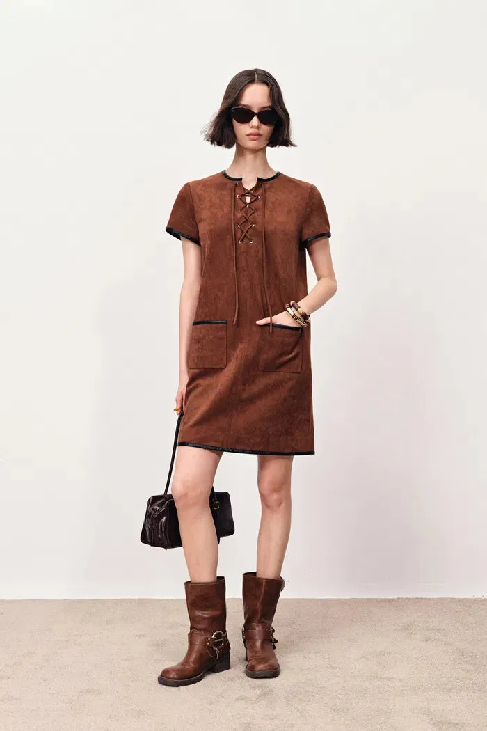 Nevaeh Hand Applied Contrast Leather Trim Short Dress in Ultrasuede sold by Fabrique product image thumbnail 3