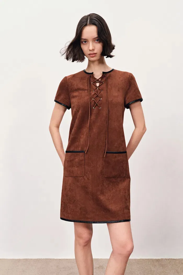 Nevaeh Hand Applied Contrast Leather Trim Short Dress in Ultrasuede sold by Fabrique product image thumbnail 4