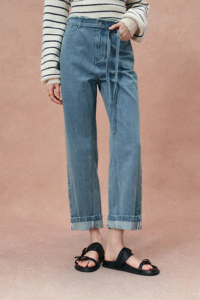 Zoe Raw Edge Waistband Straight Leg Jeans in Cotton Denim sold by Fabrique