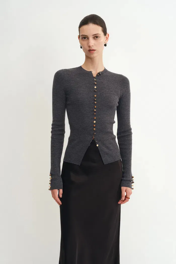 Kaia Hand Sewn Buttons Fitted Grey Cardigan in Merino Wool Knit sold by Fabrique product image thumbnail 4