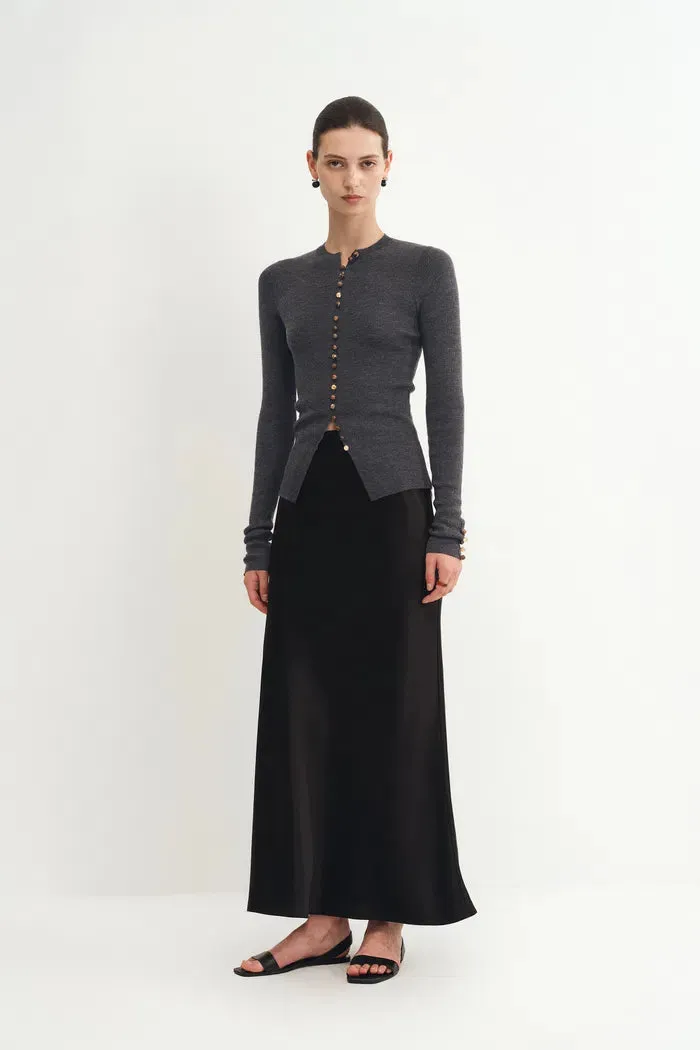 Kaia Hand Sewn Buttons Fitted Grey Cardigan in Merino Wool Knit sold by Fabrique