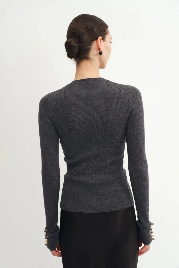 Kaia Hand Sewn Buttons Fitted Grey Cardigan in Merino Wool Knit sold by Fabrique product image thumbnail 5