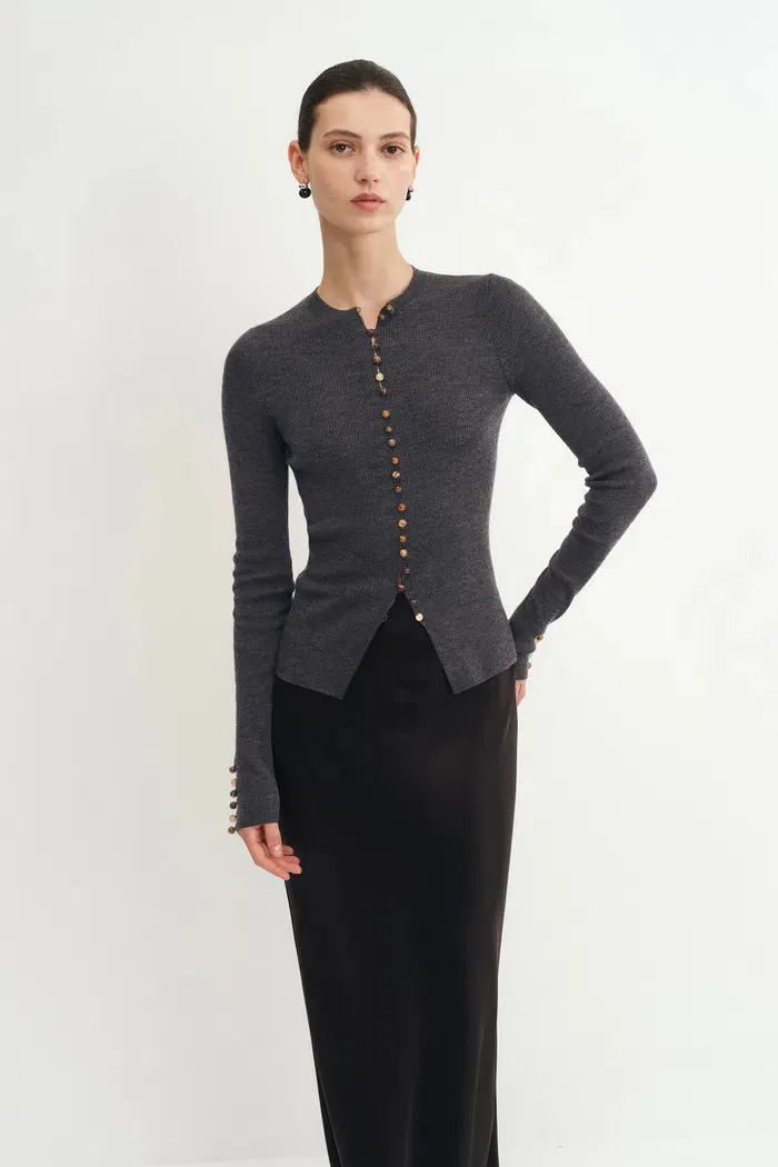 Kaia Hand Sewn Buttons Fitted Grey Cardigan in Merino Wool Knit sold by Fabrique product image thumbnail 2