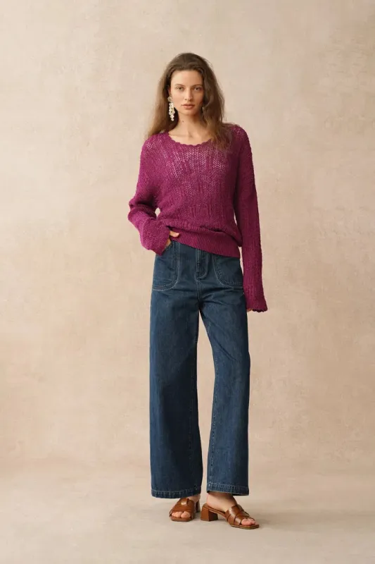 Livy Scalloped Neckline Cardigan in Textured Cotton Knit sold by Fabrique