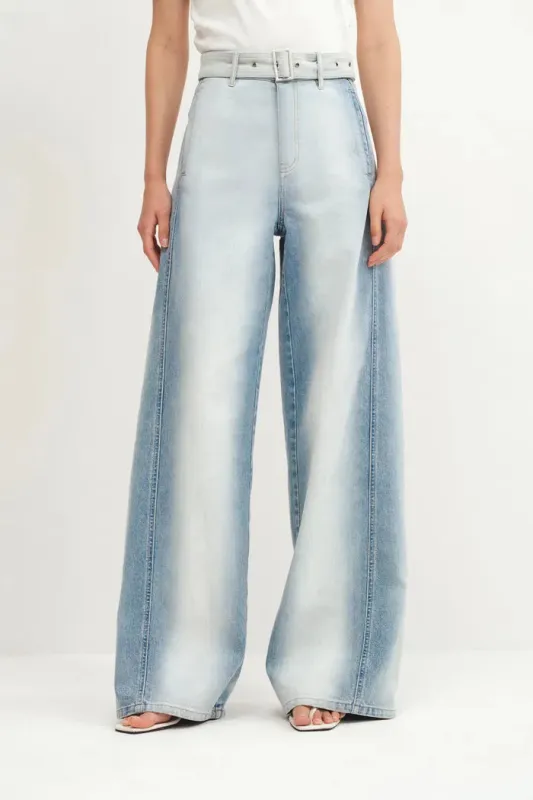 Paz Belted Gradient Washed Wide Leg Jeans in Cotton Denim sold by Fabrique