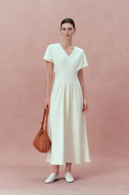 Adeline Cinched Waist White Midi Dress in Cotton sold by Fabrique