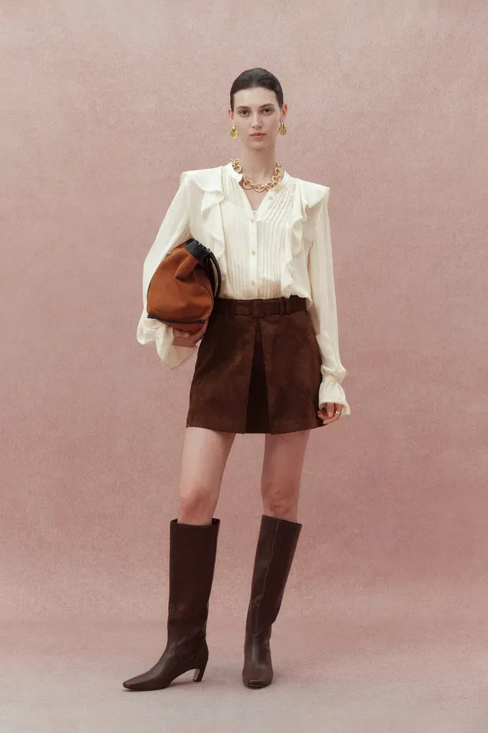 Lea White Ruffled Pleated Shirt in Silk sold by Fabrique