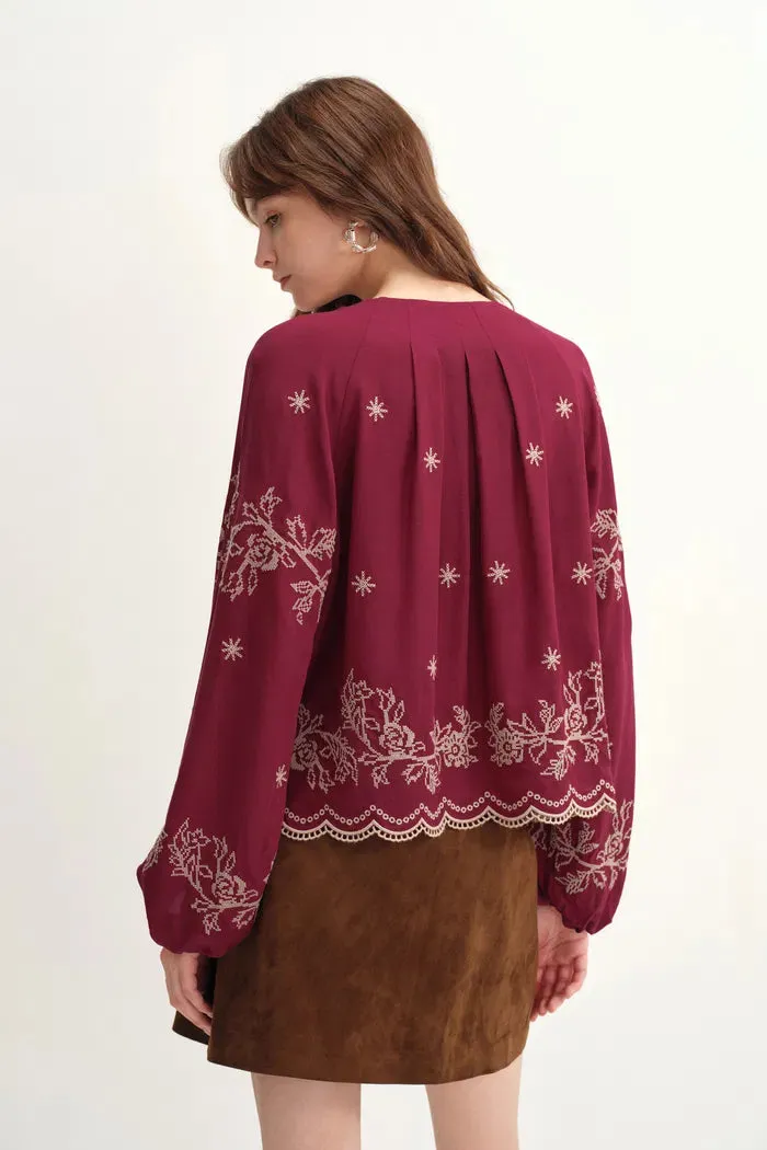 Aria Eyelet Embroidery Long Sleeve Blouse in Tencel-Linen Blend sold by Fabrique product image thumbnail 4
