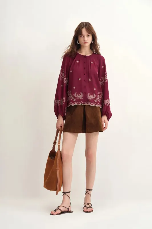 Aria Eyelet Embroidery Long Sleeve Blouse in Tencel-Linen Blend sold by Fabrique