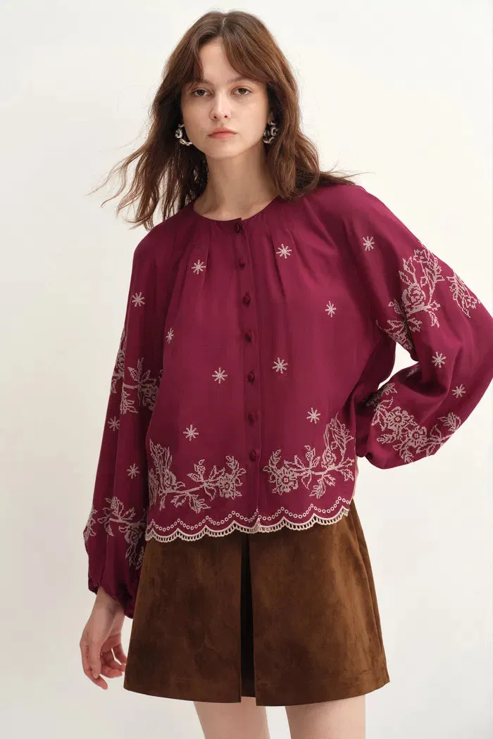 Aria Eyelet Embroidery Long Sleeve Blouse in Tencel-Linen Blend sold by Fabrique product image thumbnail 2