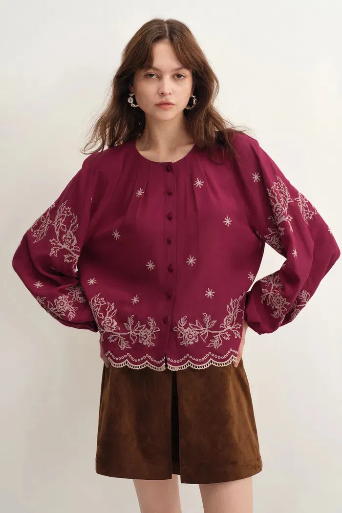 Aria Eyelet Embroidery Long Sleeve Blouse in Tencel-Linen Blend sold by Fabrique product image thumbnail 3