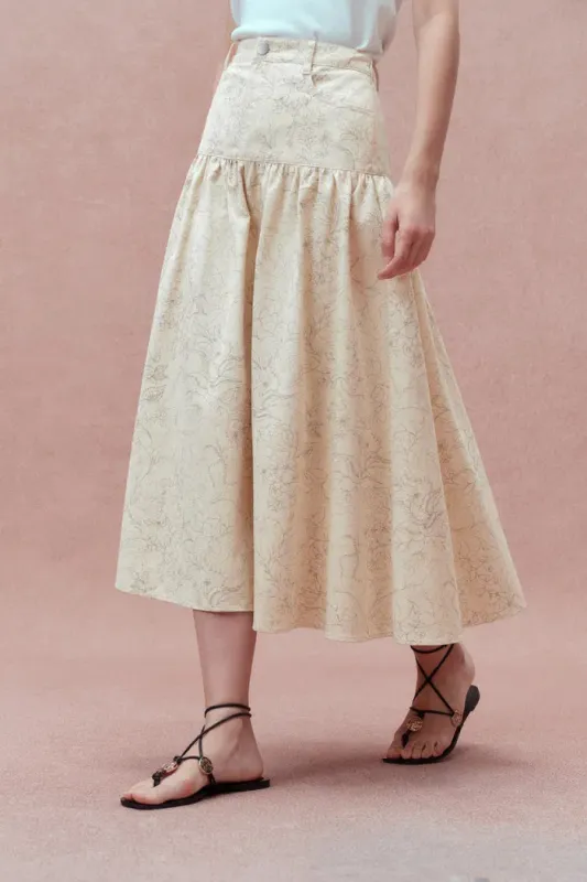 Rose Pleated Denim Skirt in Cottonseed Hull Denim sold by Fabrique