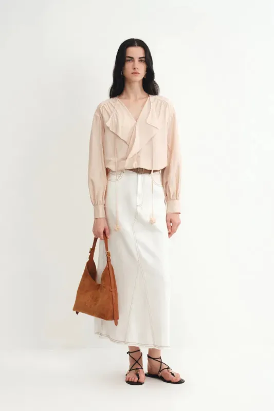 Karina Handcrafted Camellia Ruffled Blouse in Silk Blend sold by Fabrique