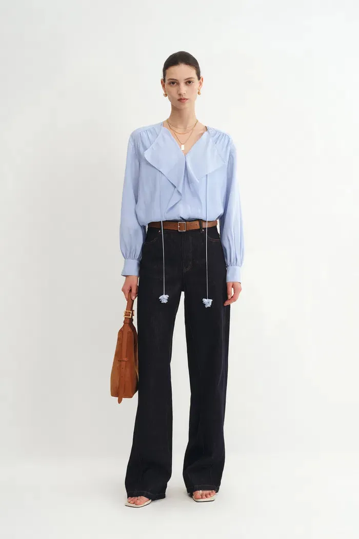 Karina Ruffle V Neck Blouse in Acetate-Modal Blend sold by Fabrique