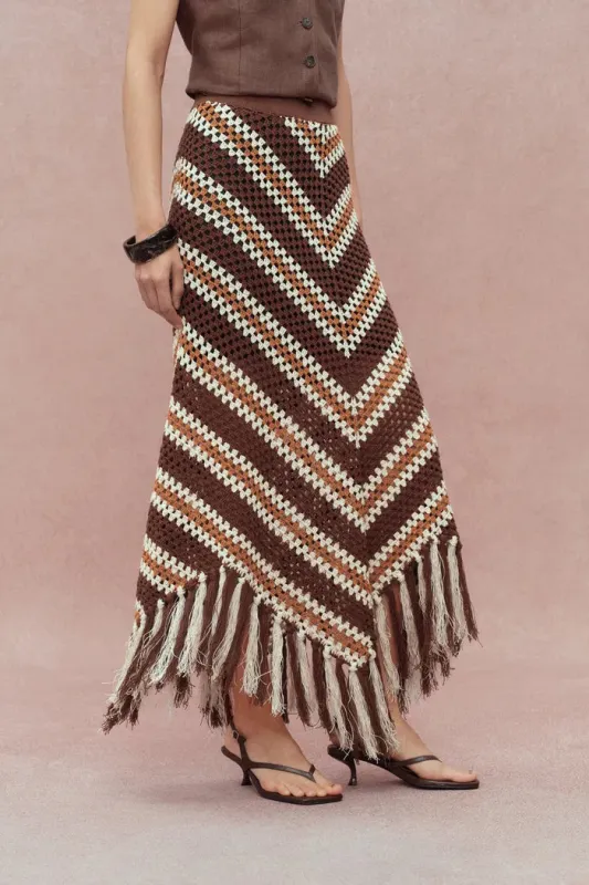 Clara Hand Crochet Fringed Skirt in Cotton-Linen Tape Yarn made by Fabrique