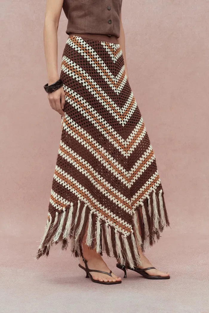 Clara Hand Crochet Fringed Skirt in Cotton-Linen Tape Yarn sold by Fabrique