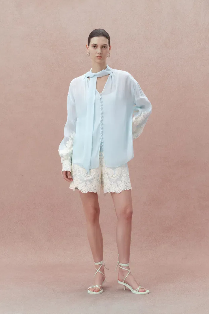 Paz Blue Embroidered Shorts in Silk-Linen Blend sold by Fabrique product image thumbnail 3
