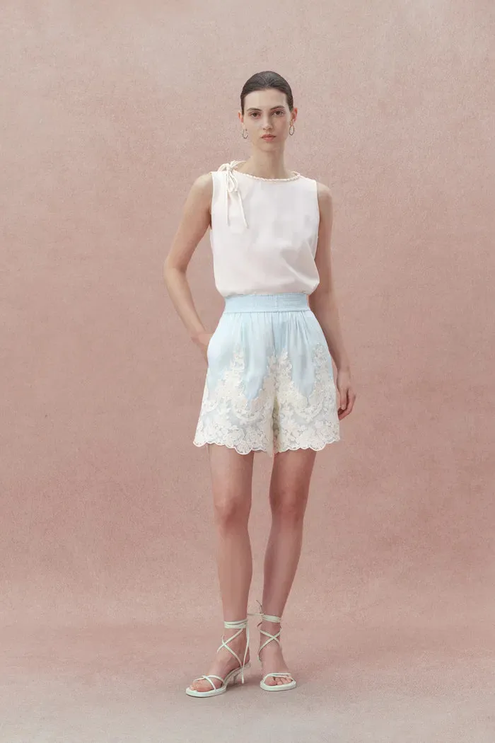 Paz Blue Embroidered Shorts in Silk-Linen Blend sold by Fabrique product image thumbnail 4