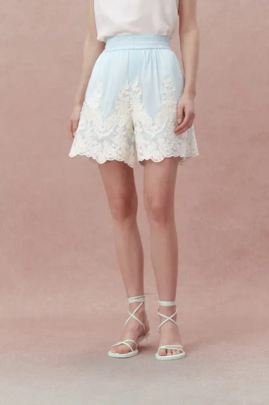 Paz Blue Embroidered Shorts in Silk-Linen Blend sold by Fabrique