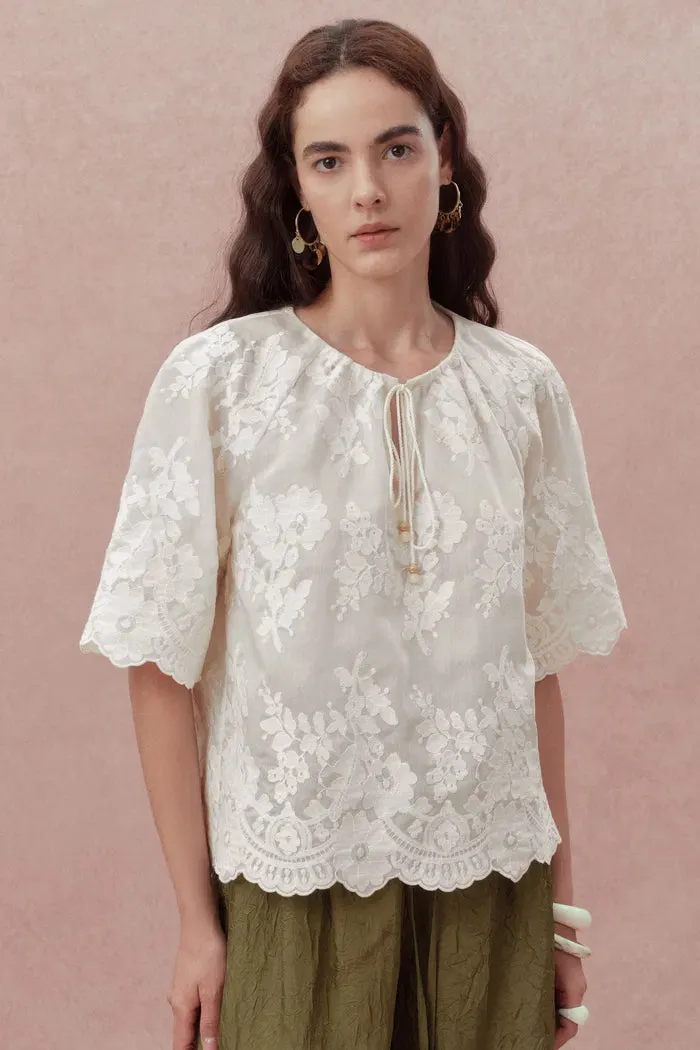Marjorie Embroidered Short Sleeve Blouse in Sheer Fabric Embroidery sold by Fabrique product image thumbnail 2
