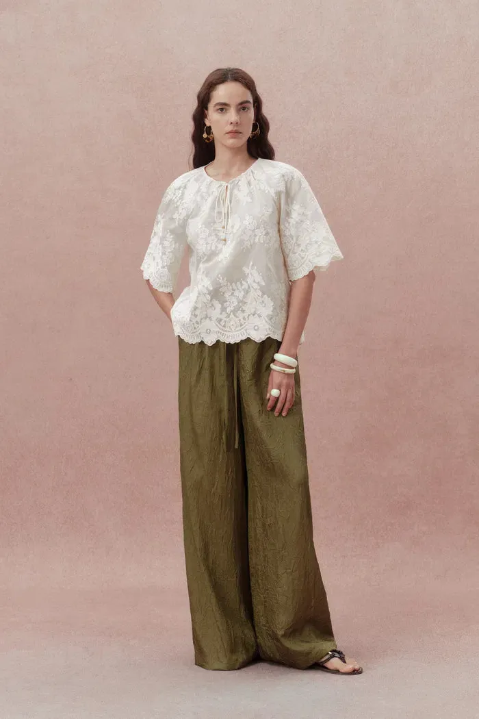 Marjorie Embroidered Short Sleeve Blouse in Sheer Fabric Embroidery sold by Fabrique