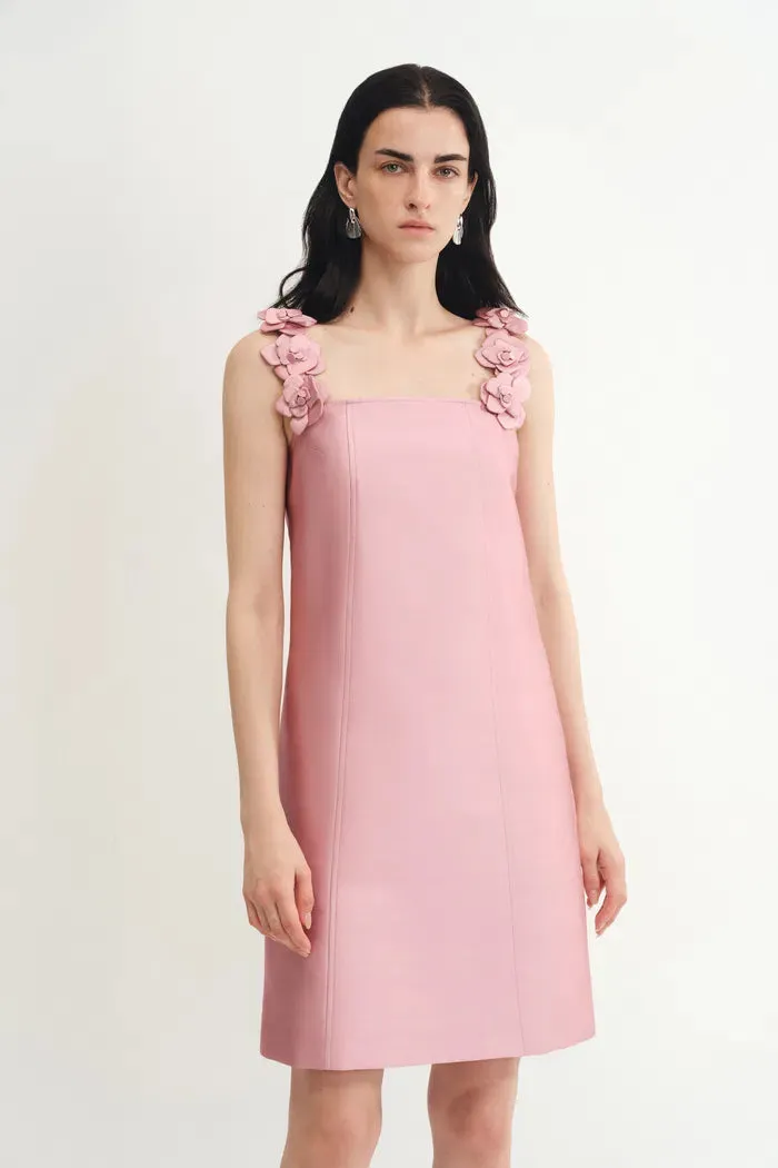 Katia 3D Handcrafted Flower Strap Dress in Silk-Wool Satin sold by Fabrique